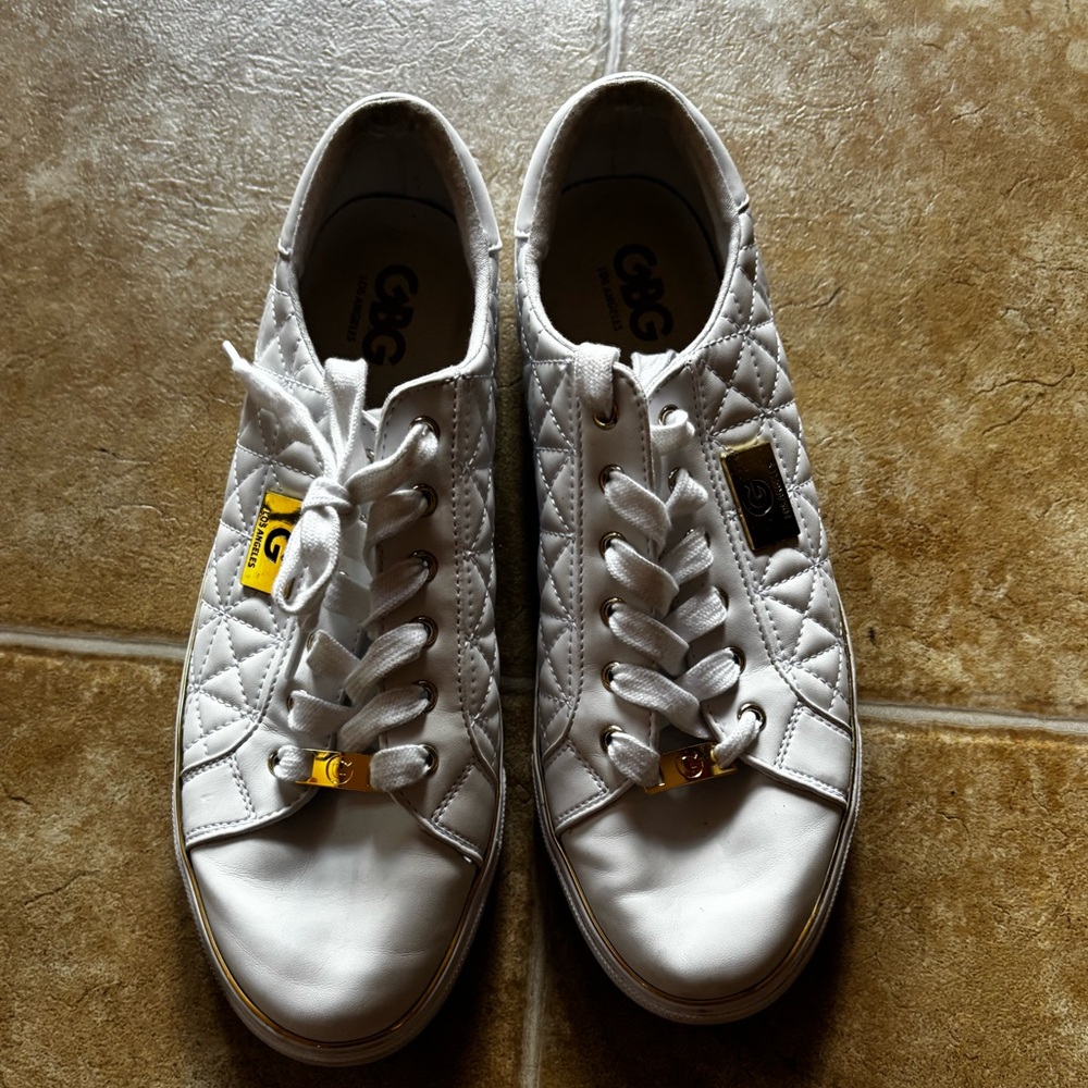 G by Guess White Quilted Lace-Up Sneakers with Gold Accents